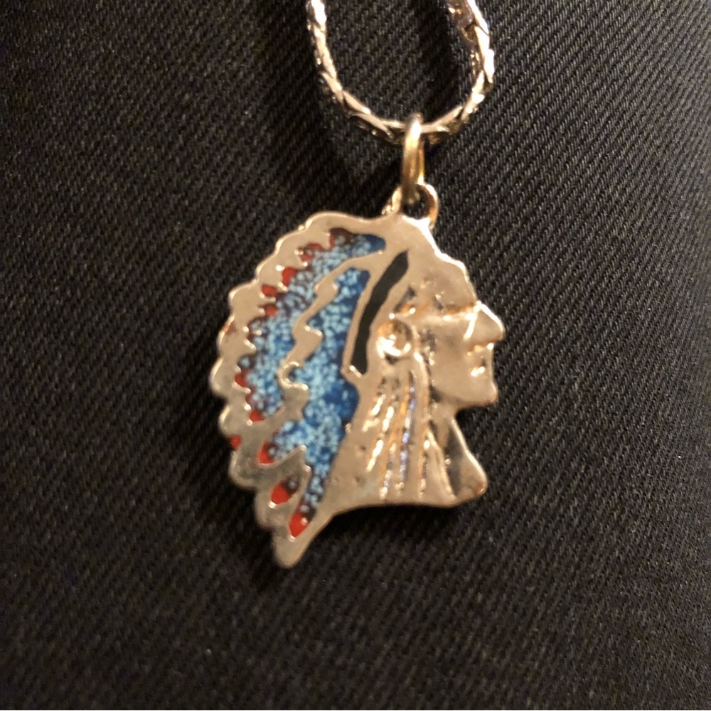 Vintage silver turquoise Indian Chief pendant necklace